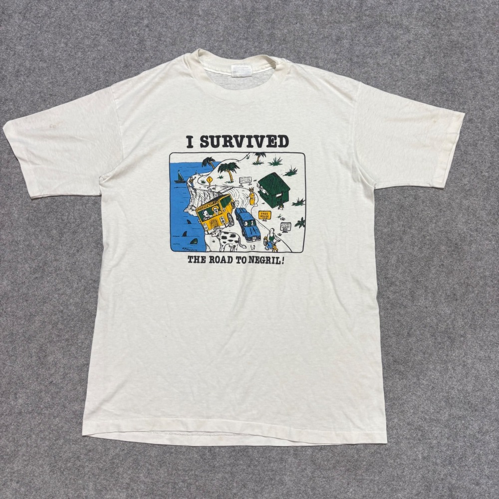 Vintage Hanes I Survived The Road To Negril Jamaica T-Shirt White Large 50/50